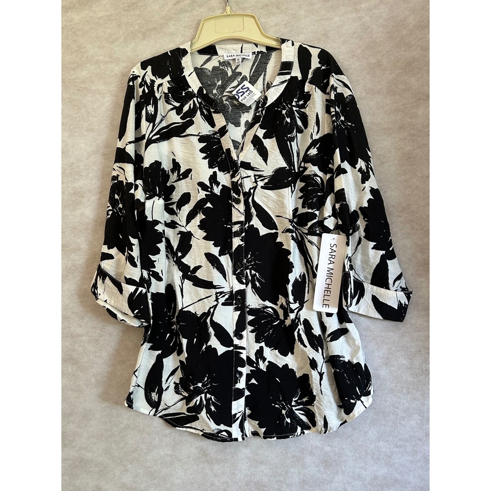 Sara‎ Michelle Women Black White Floral Button Front Blouse 1X G946550A14X NEW
